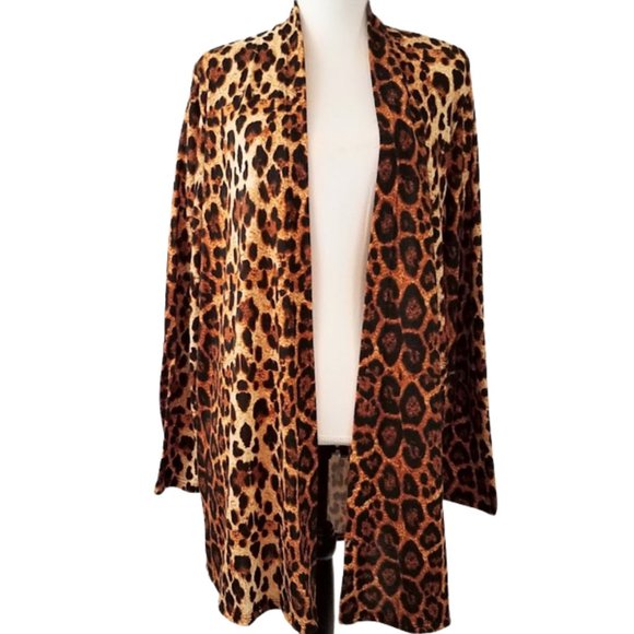A.GAIN Leopard Animal Print Open Front Cardigan With Pockets - Women's L - Picture 4 of 9
